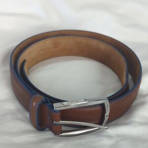 LEJON Executive Aniline Glove Leather Belt 38 Made in USA Cognac Blue Edge